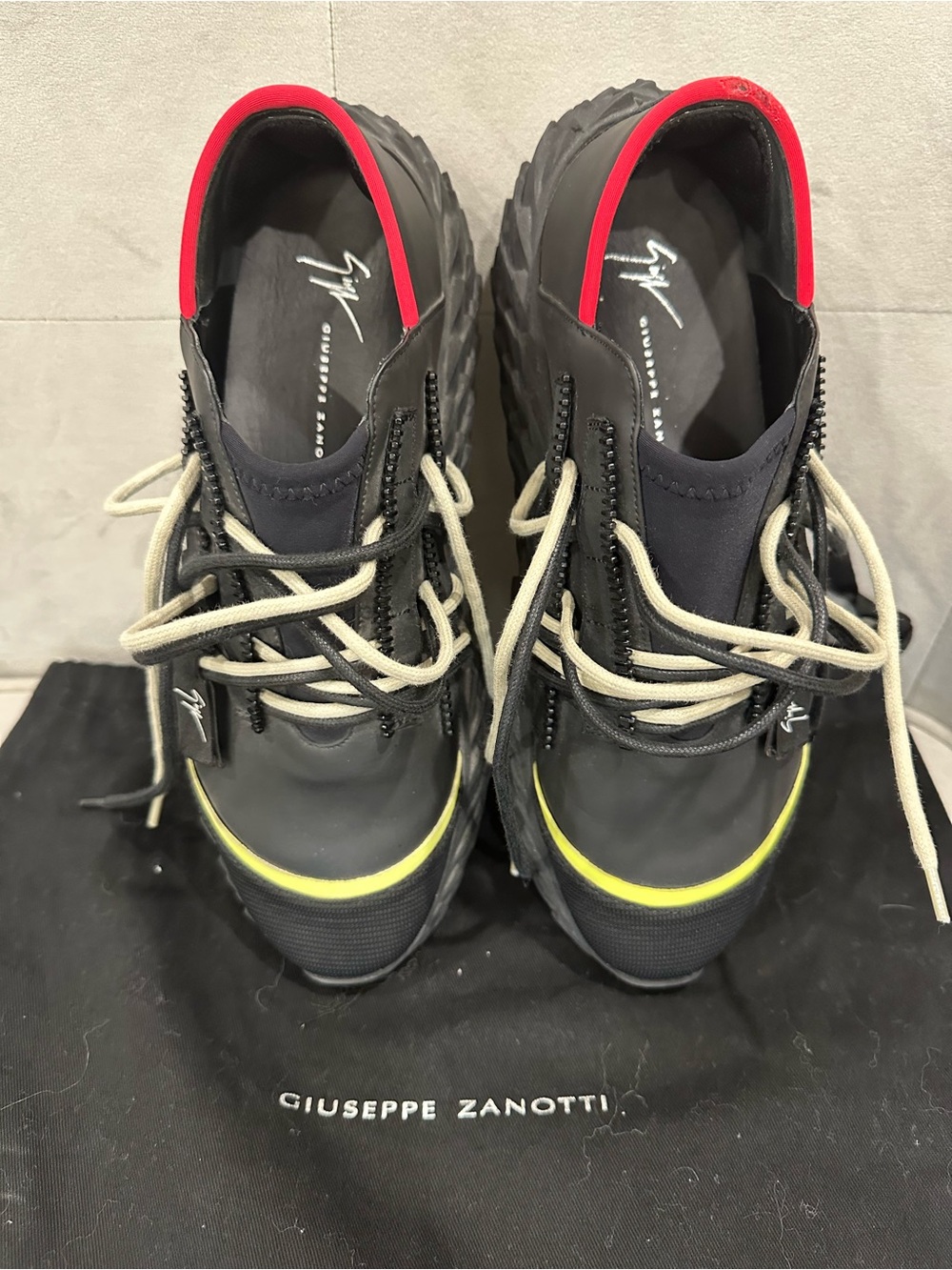 Giuseppe Zanotti Black Sneakers with Yellow Trim and Red Collar